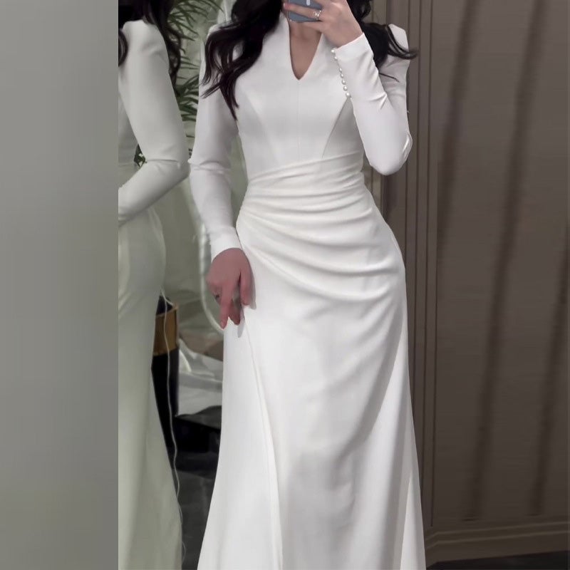 Graceful Slim Long-sleeve Pleated Dress