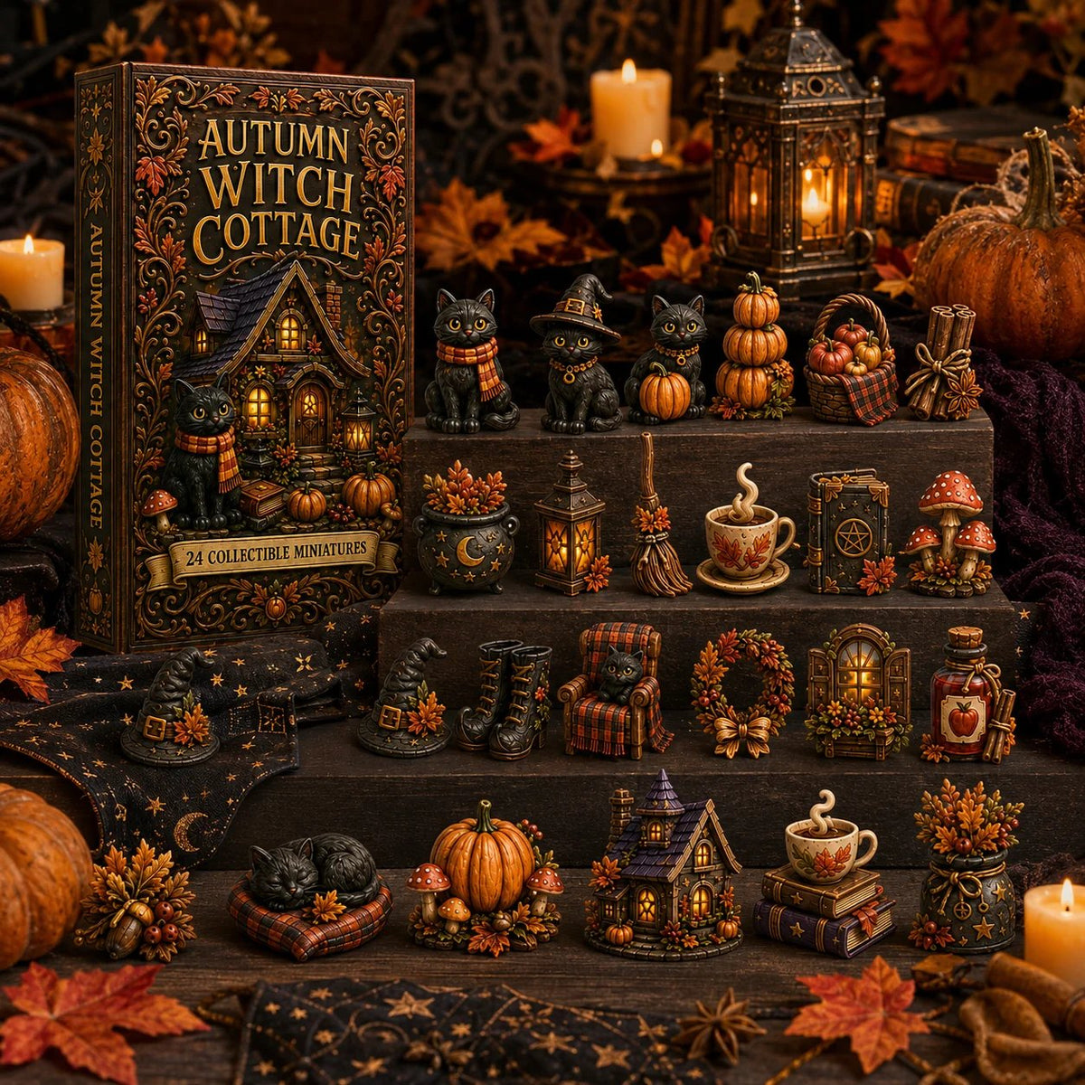 24 Cozy Witchy Miniatures, Black Cat Collectibles & Magical Fall Cottage Surprises, Acrylic Charms Blind Box