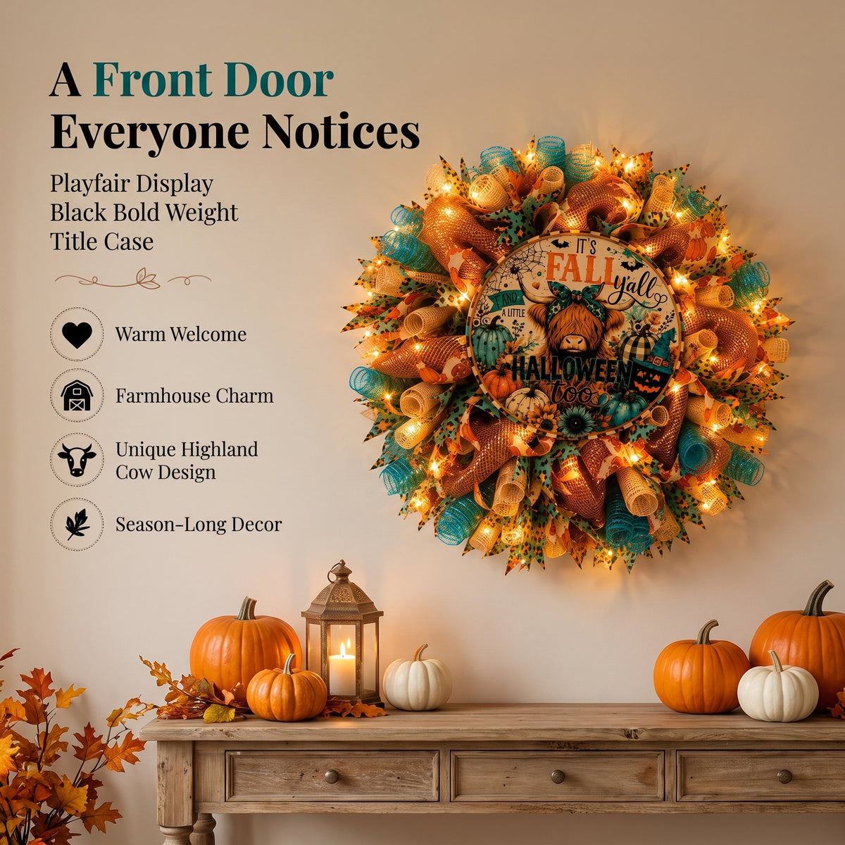 🎉💐Highland Buffalo Autumn Halloween Light Wreath