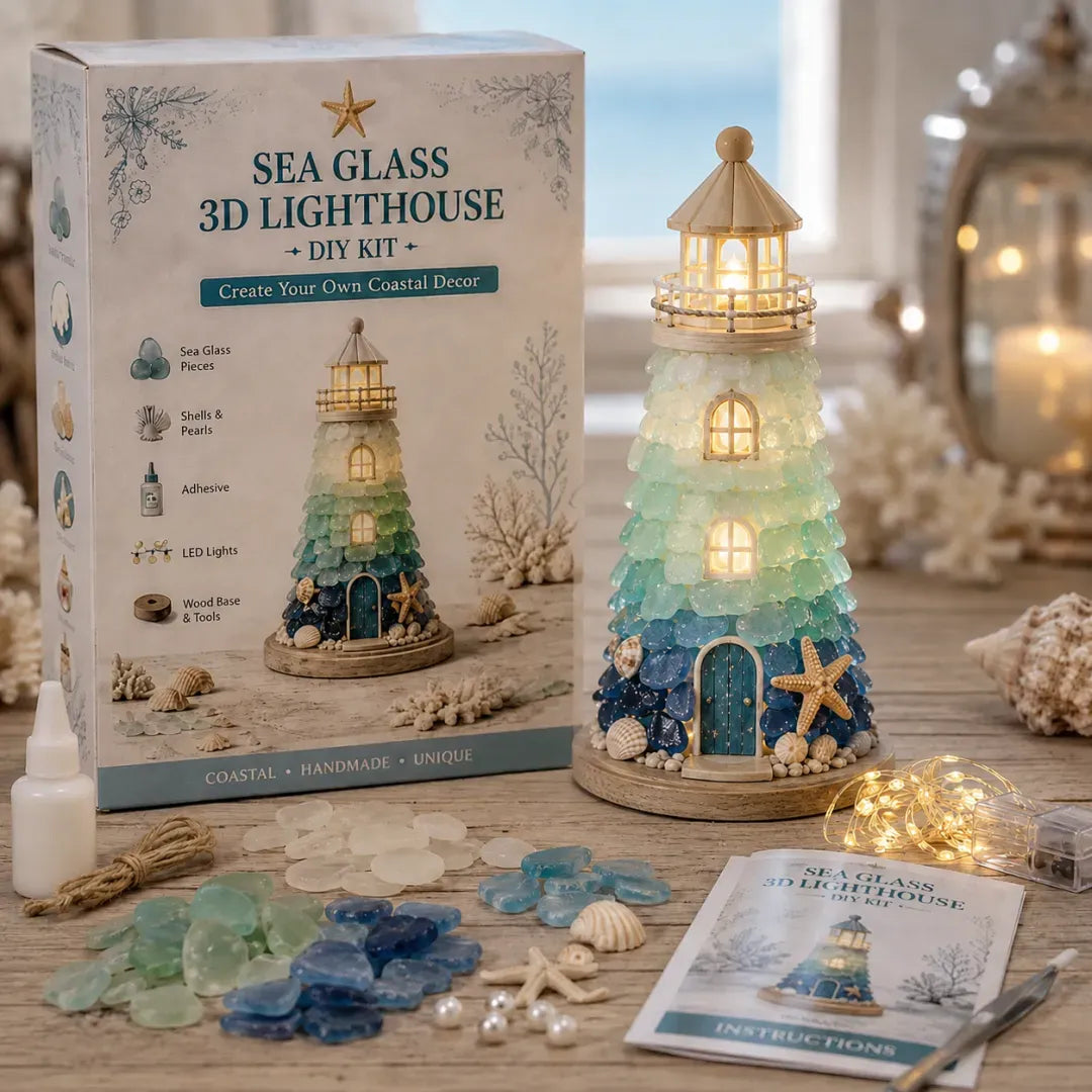 💥  💙 DIY Sea Glass Lighthouse Kit – Light-Up Coastal Craft & Handmade Home Decor