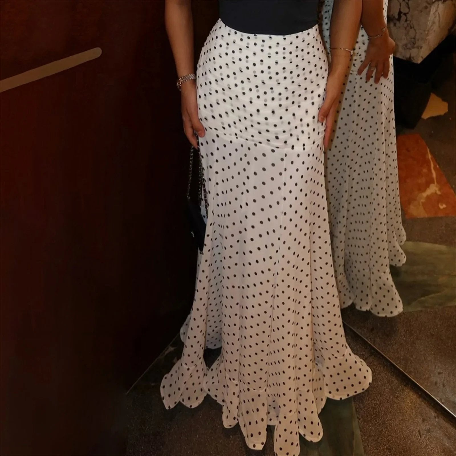 White & Black Polka Dot Floor-length Chiffon Skirt