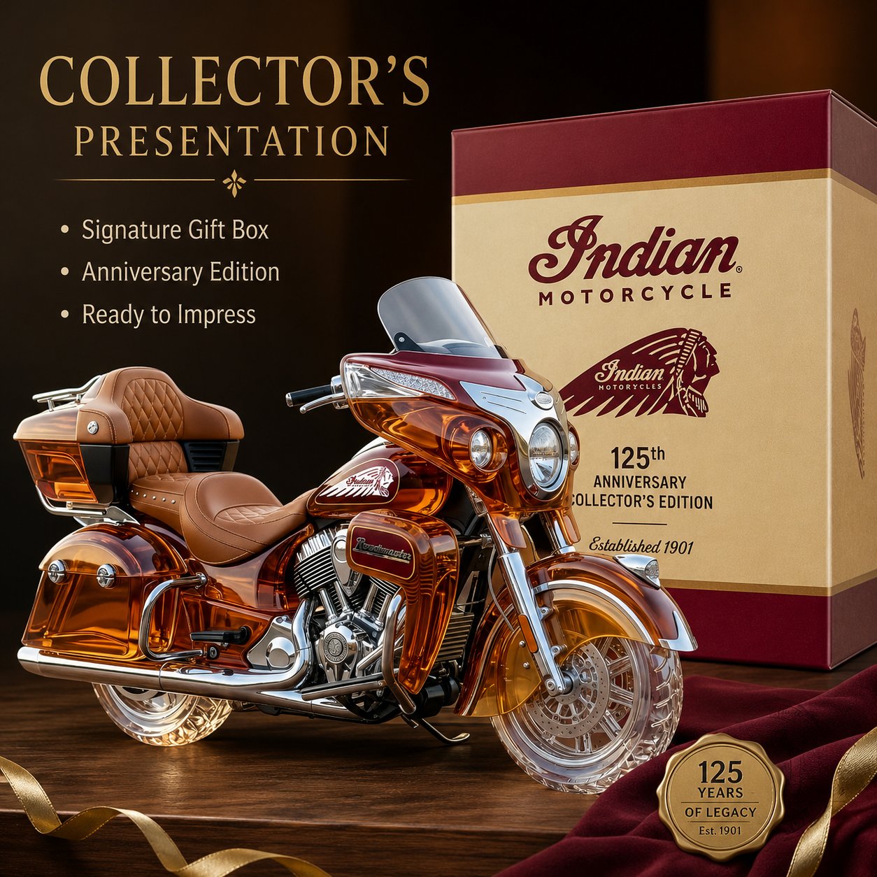 Indian Motorcycle Roadmaster 125th Anniversary Collectors Edition Whiskey Bottle