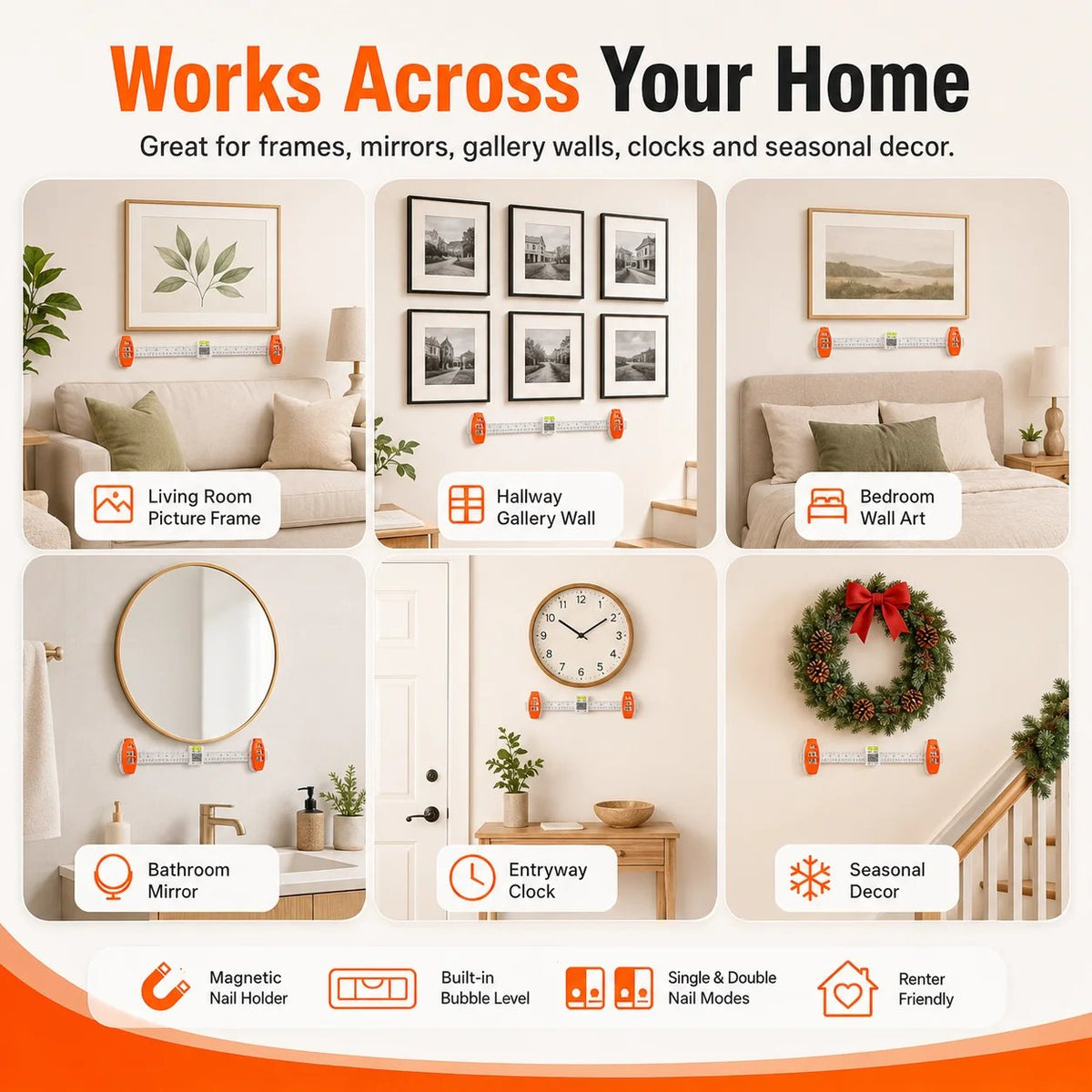 📐 Magnetic 3-in-1 Picture Hanger – Level & Hang, No Hammer Needed