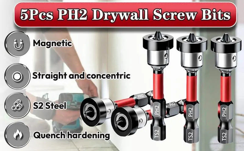 🔩 Drywall Bit Attachment with Depth Stop, PH2 Magnetic Drywall Screwdriver Bits