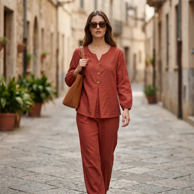 🌿Women's Cotton-Linen V-Neck Long Sleeve Top & Pants Set