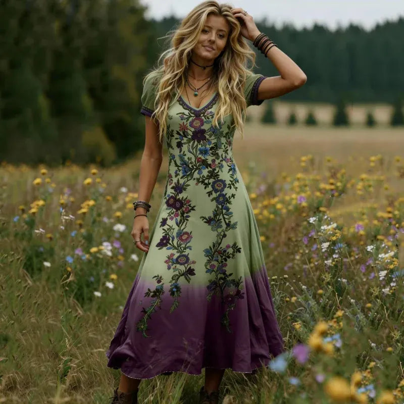 Women's Vintage V-Neck Floral Maxi Dress