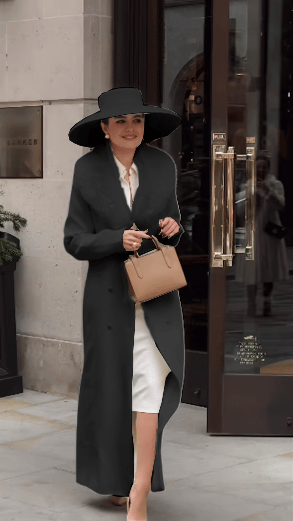 Women Vintage Turndown Collar Long Jacket With Wool Collar