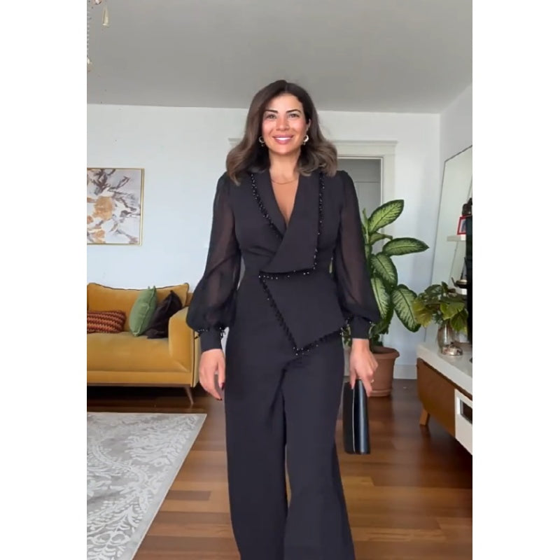 Elegant Black Beaded Wide-Leg Jumpsuit