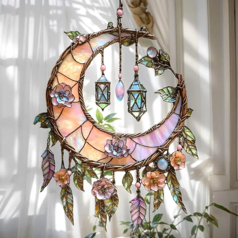 🌙2D Hand-Painted Moon and Floral Window Decor💖