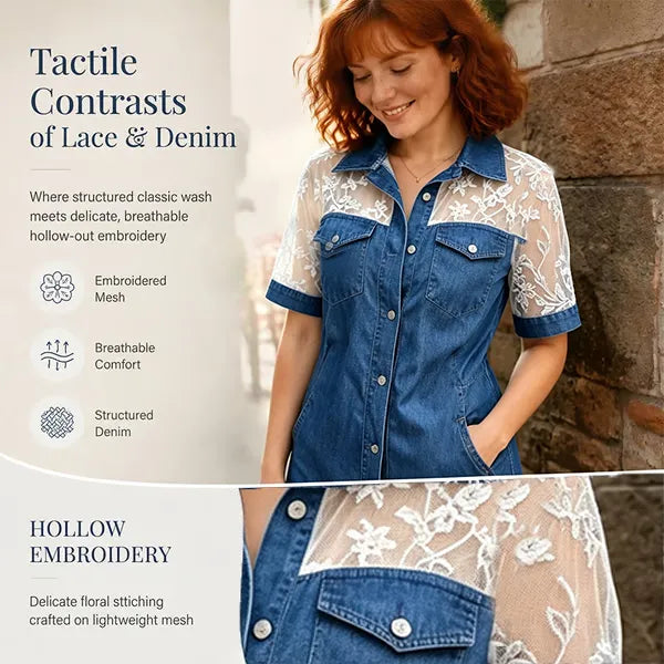 👗 LIMITED-TIME 💥 Women's Sheer Lace Denim Mini Dress – Contrast Texture, Sexy Sweet, Club-Ready ✨