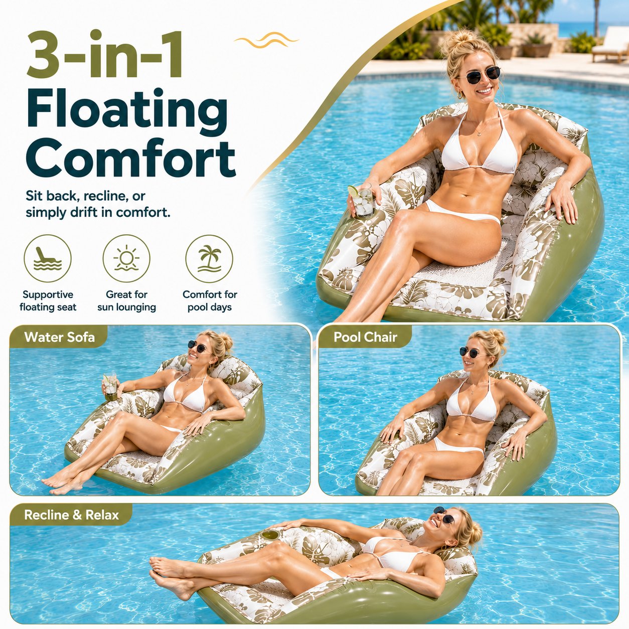 3-in-1 Inflatable Pool Lounge Chair