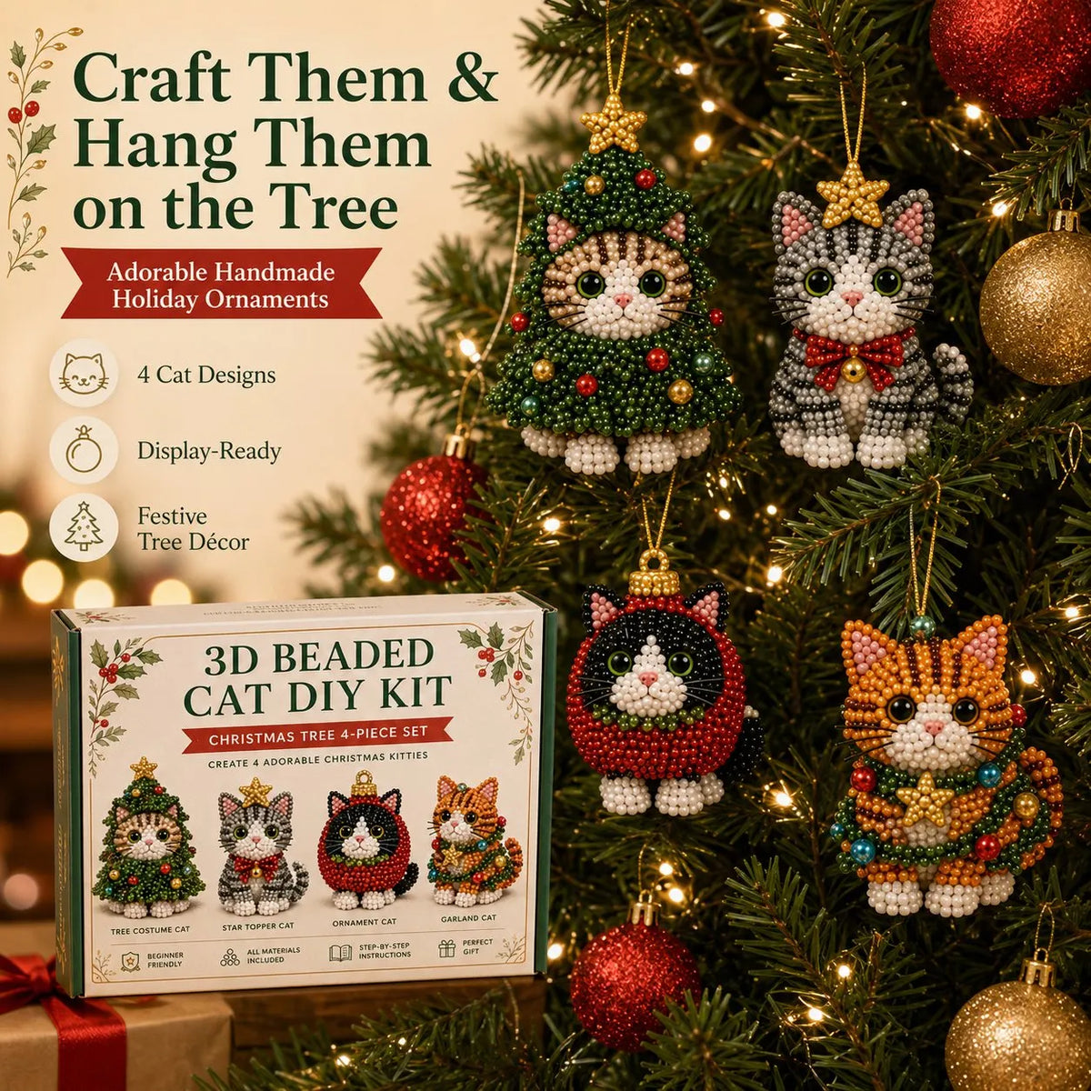 🐱✨ Create Your Own 3D Beaded Christmas Cats | Beginner-Friendly DIY Kit