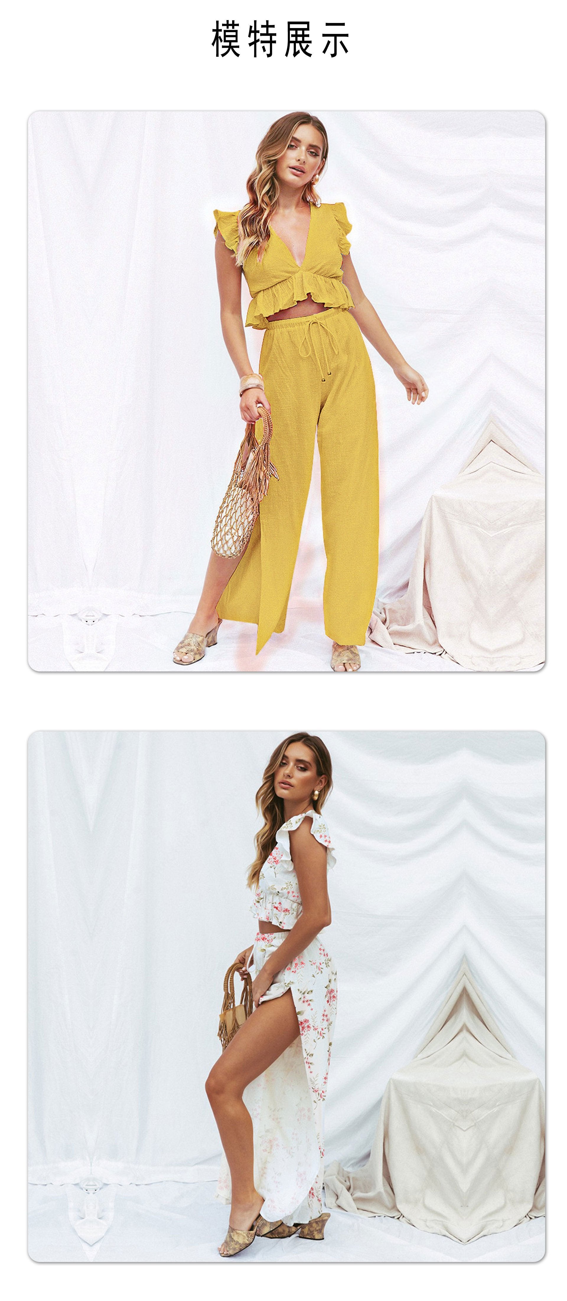 🔥Womens 2 Pieces Outfits Deep V Neck  Side Slit  Wide Leg Pants Set