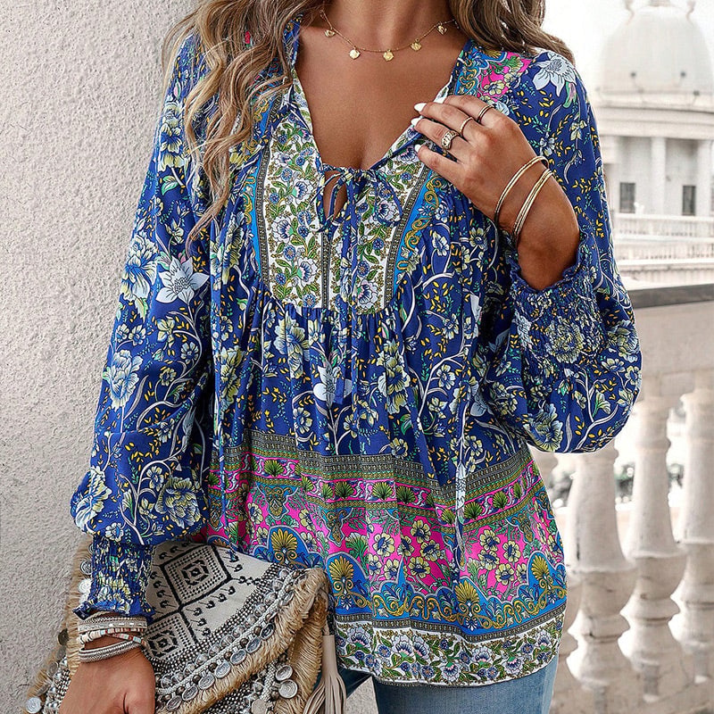 💖Women's Fashion Printed v-Neck Long Sleeve Shirt