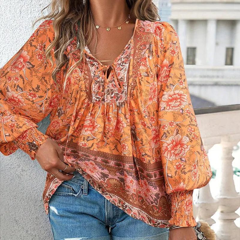 💖Women's Fashion Printed v-Neck Long Sleeve Shirt