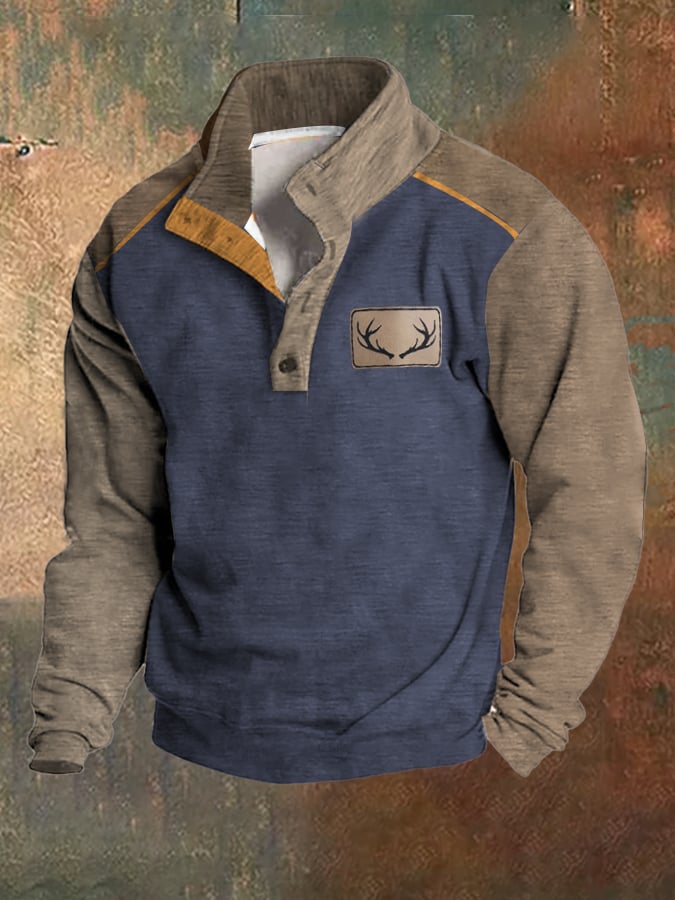Fleece Vintage Western Antler Hunting Enthusiast Stand Collar Sweatshirt