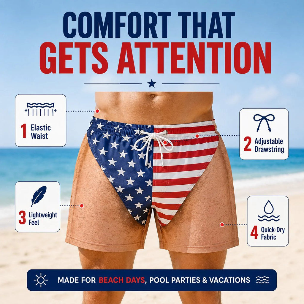 🇺🇸 Funny Patriotic Men’s Swim Trunks – Freedom & Chill Summer Beach Shorts