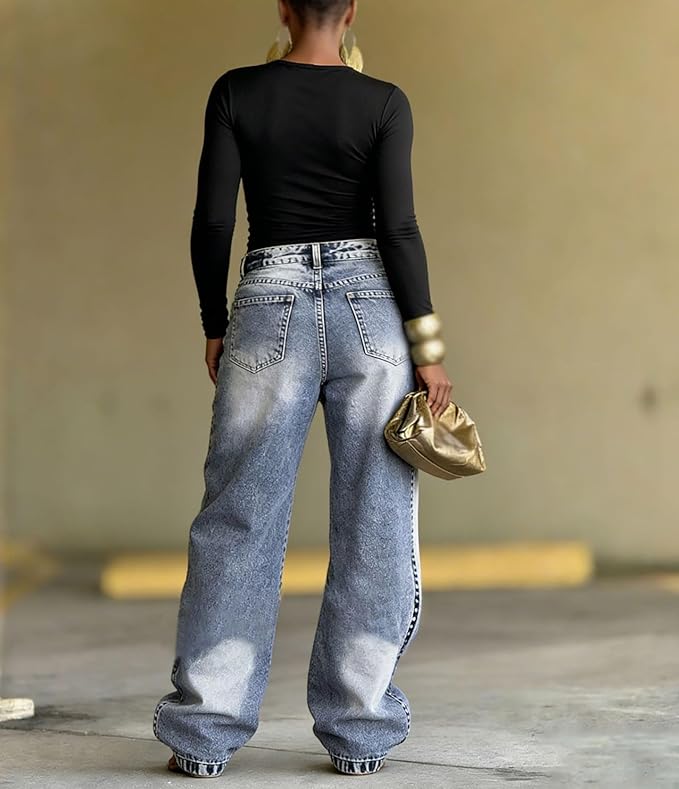 👖 Women Y2K High Waisted Patchwork Split Hem Denim Pant