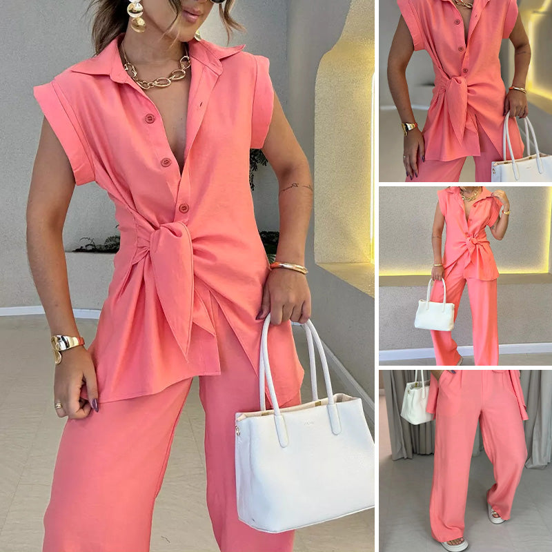 Elegant Waisted Top & Casual Pants Set