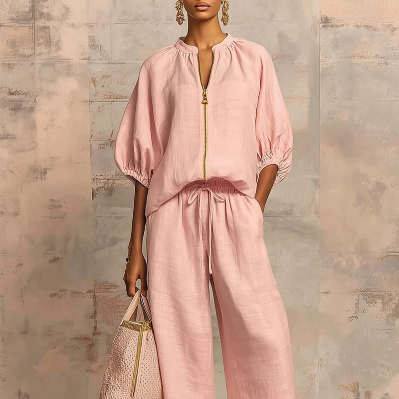 👚 👖 Women's Solid Color 2-Piece Tracksuit – Puff Sleeve, Wide Leg, Zipper Detail ✨