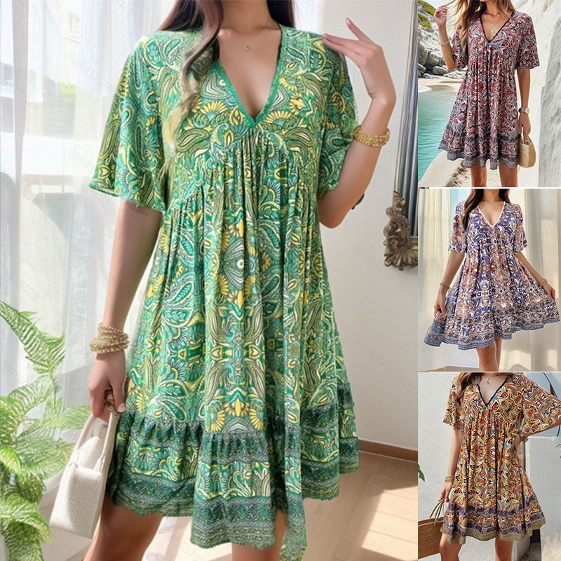 👗Women’s Flower Print V Neck Short Sleeve Mini Dress