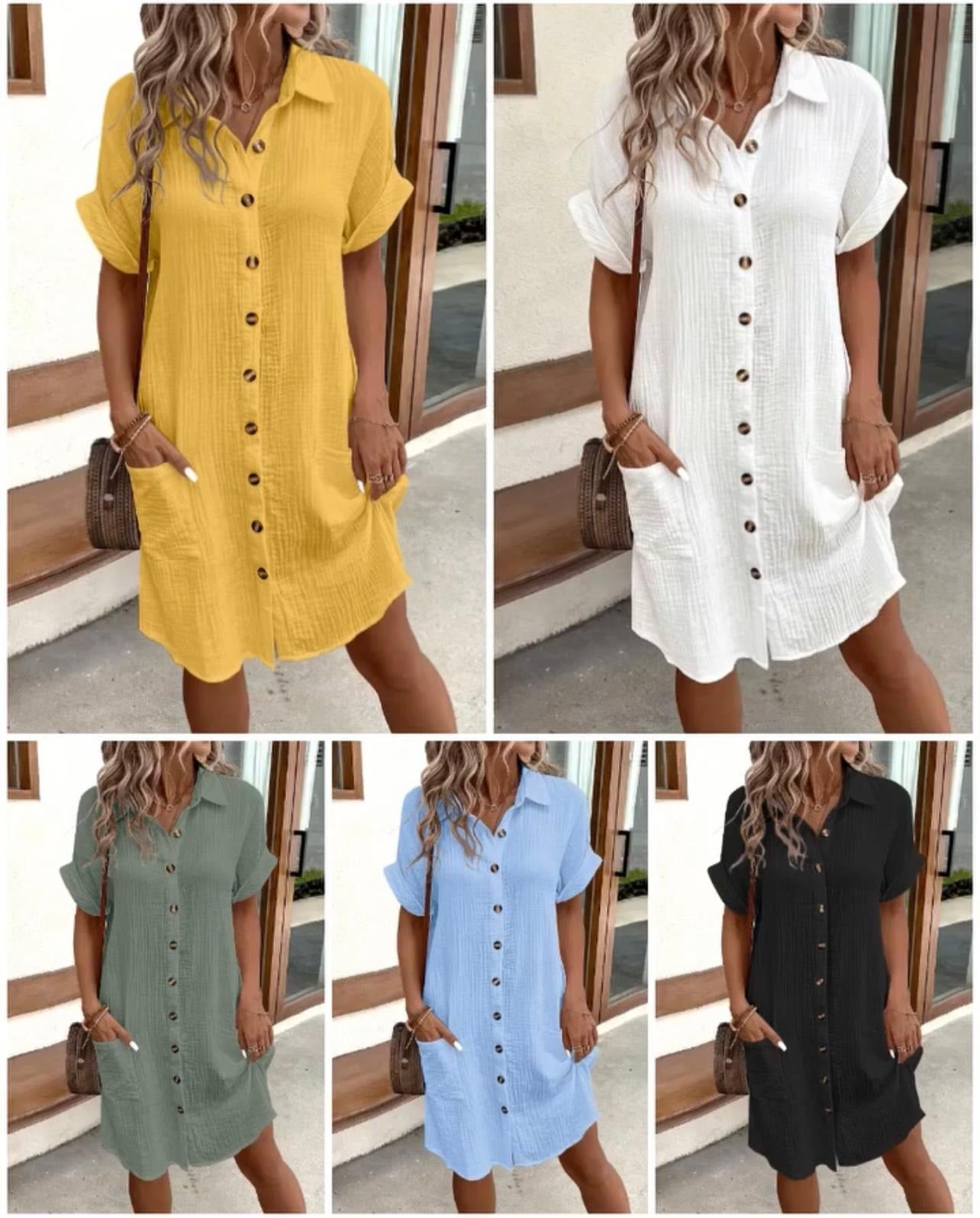 ⏰Women's Buttoned Short Sleeve Pocket Casual Shirt Dress