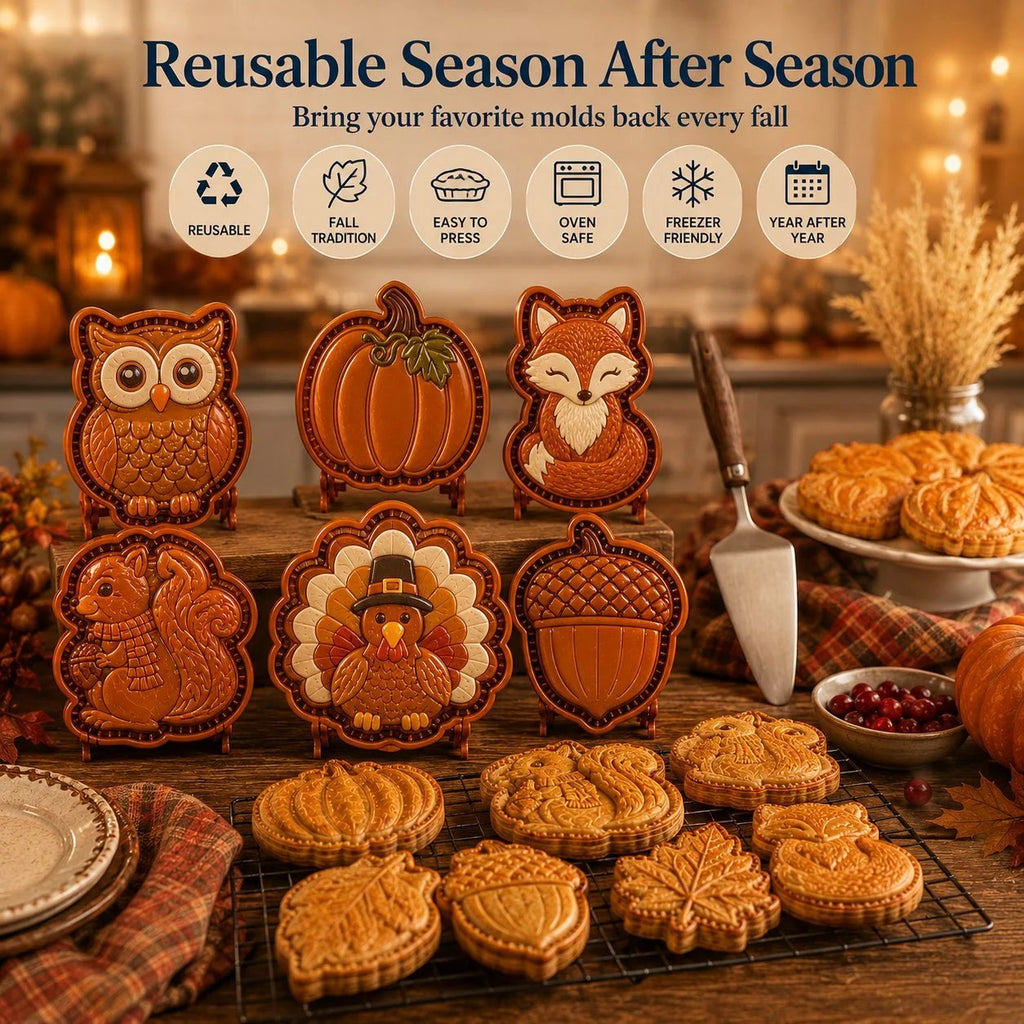 🔥HOT SALE🔥🔥😍 8-Design Fall Mini Pie Mold Collection | Reusable Embossed Molds for Shaping Detailed Owl, Fox, Turkey, Pumpkin, Acorn & More