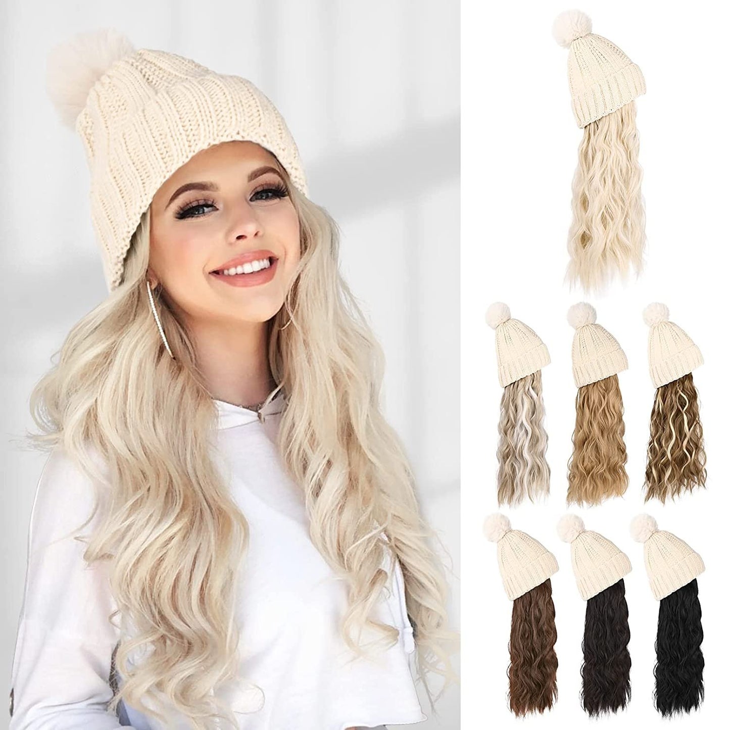 Hat Hair Extension Long Wavy Curly White Hat Wig