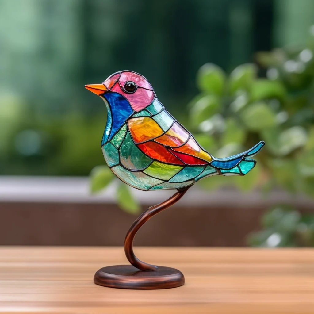 Stained Acrylic Birds on Branch Desktop Ornaments