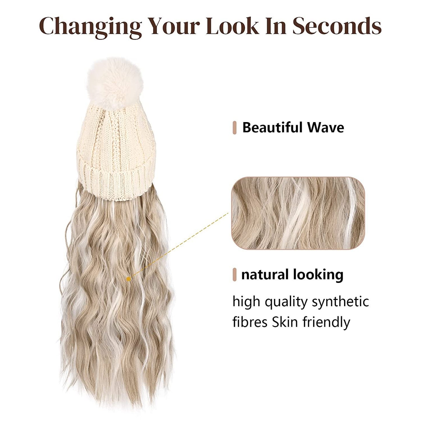 Hat Hair Extension Long Wavy Curly White Hat Wig