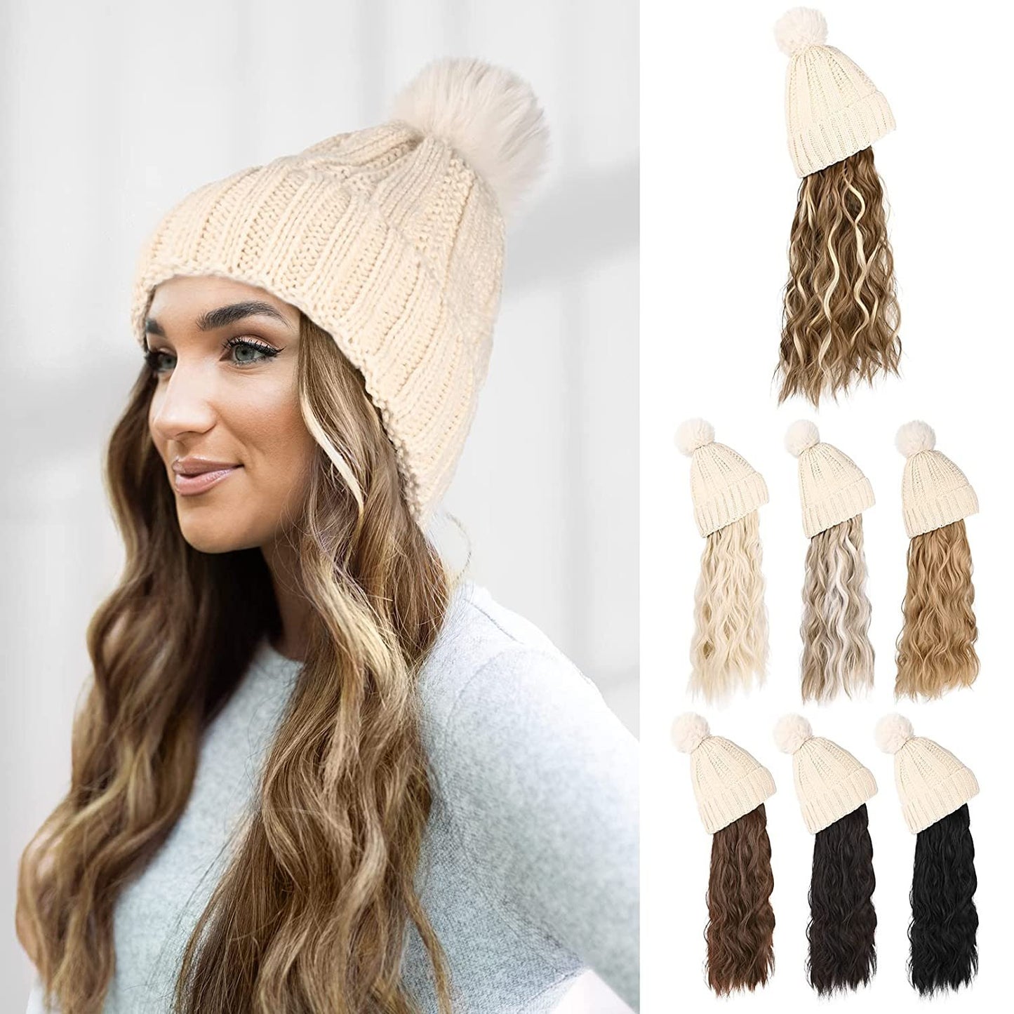 Hat Hair Extension Long Wavy Curly White Hat Wig