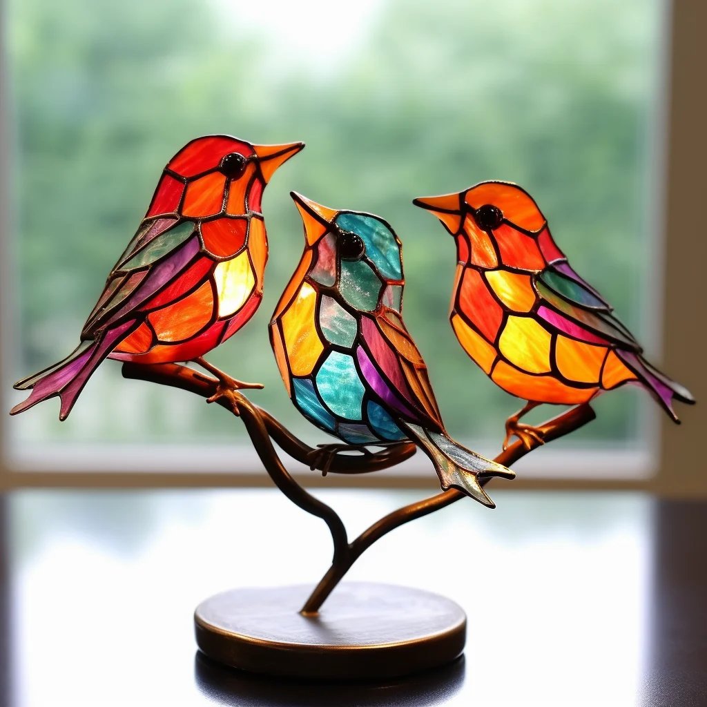 Stained Acrylic Birds on Branch Desktop Ornaments
